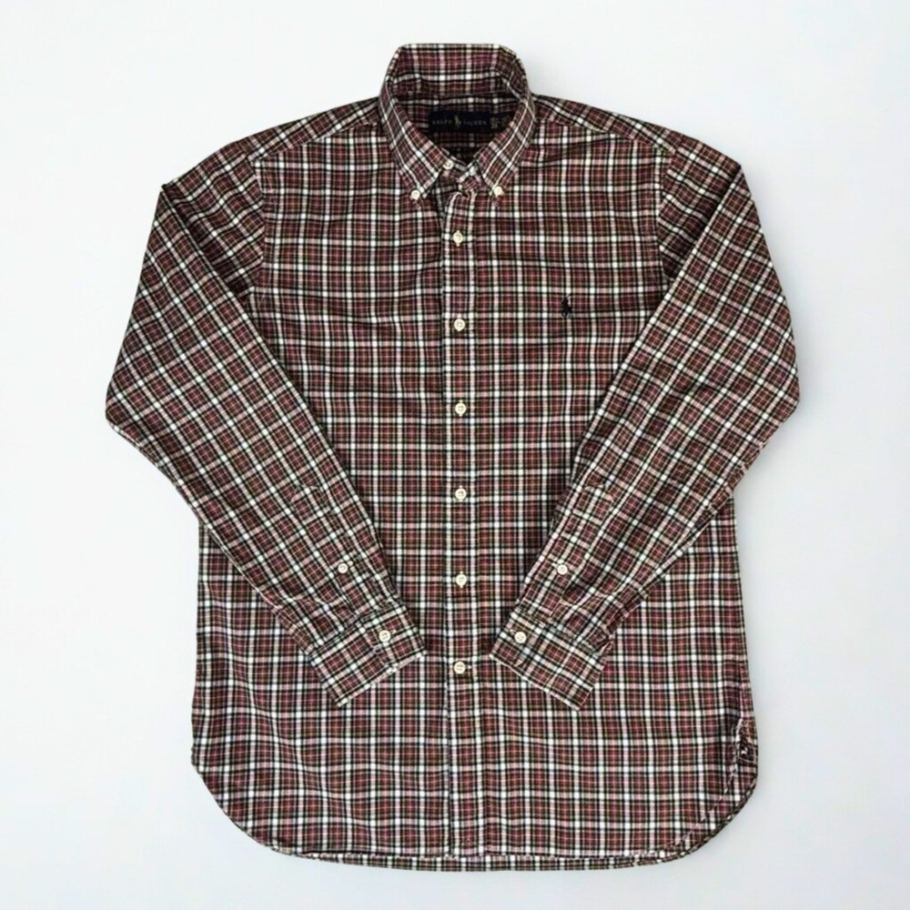 Ralph Lauren Dress Shirt Mens 15.5 39 Red Plaid Long Sleeve Navy Blue Pony